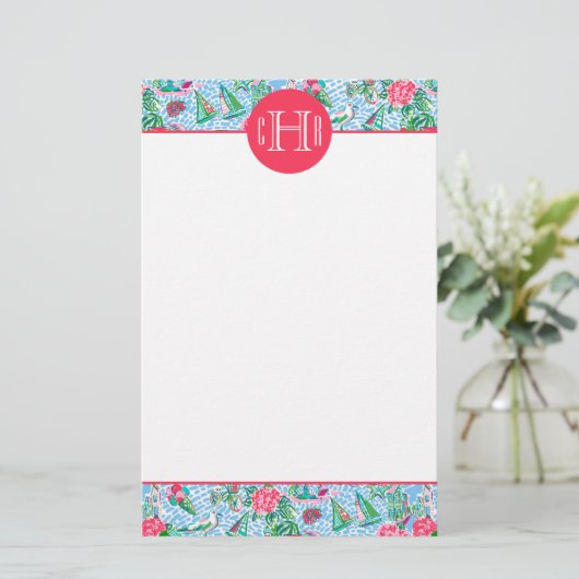 Nantucket Preppy Palm Beach Pattern Monogrammed Briefpapier (Staand voorkant)