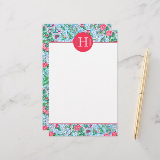 Nantucket Preppy Palm Beach Pattern Monogrammed Briefpapier (Voorkant / Achterkant in situ)