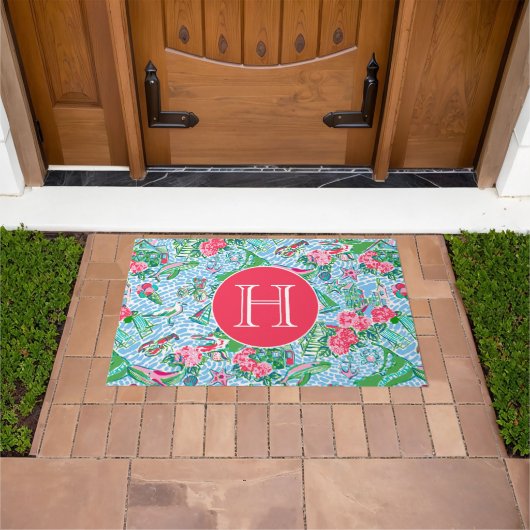 Nantucket Preppy Palm Beach Pattern Monogrammed Deurmat (Buiten)