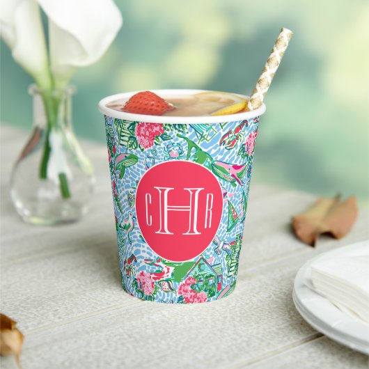 Nantucket Preppy Palm Beach Print Monogrammed Papieren Bekers (Insitu)