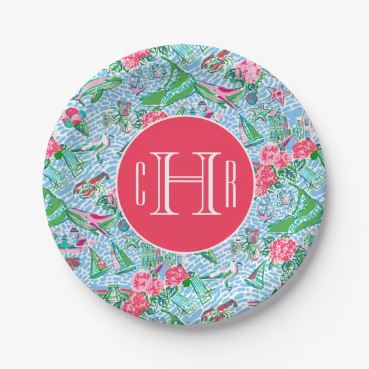 Nantucket Preppy Palm Beach Print Monogrammed Papieren Bordje (Voorkant)