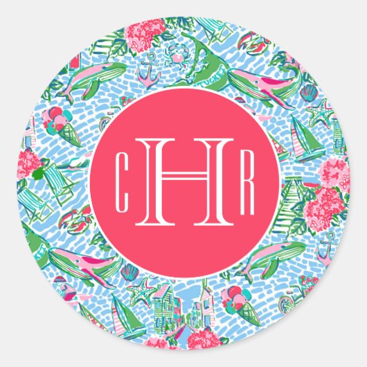 Nantucket Preppy Palm Beach Print Monogrammed Ronde Sticker (Voorkant)