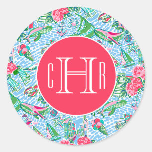 Nantucket Preppy Palm Beach Print Monogrammed Ronde Sticker