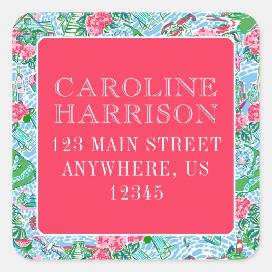 Nantucket Preppy Palm Beach Print Retouradres Vierkante Sticker (Voorkant)