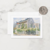 Nantucket Waterverf Coastal Cottage met Bloemen Notitiekaartje (Voorkant / Achterkant in situ)