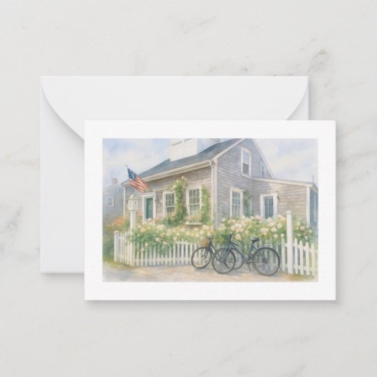 Nantucket Waterverf Coastal Cottage met Bloemen Notitiekaartje (Voorkant)
