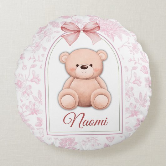 Naomi | Aangepaste Roze Teddybeer Nursery Design Rond Kussen (Voorkant)