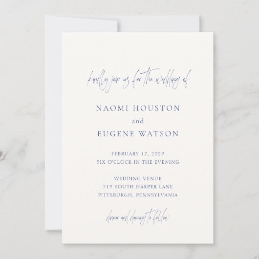 Naomi Denim Blue Typography Modern Wedding Kaart (Voorkant)