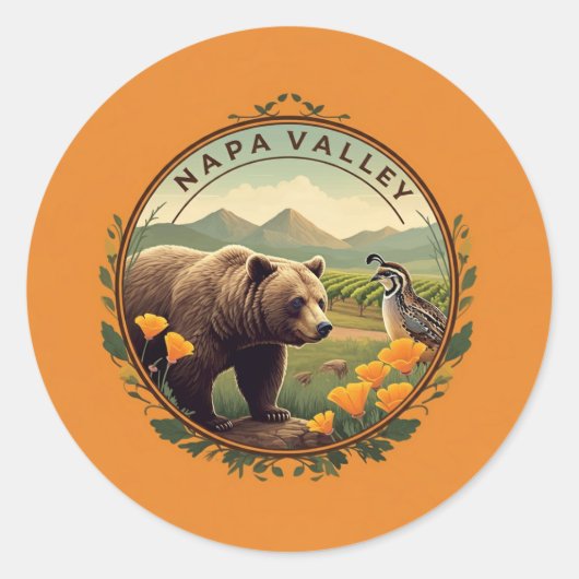 Napa Valley California Poppy Quail Beer Sinaasappe Ronde Sticker (Voorkant)