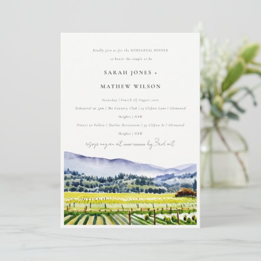 Napa Valley Waterverf Vineyard Rehearsal Dinner Kaart (Staand voorkant)