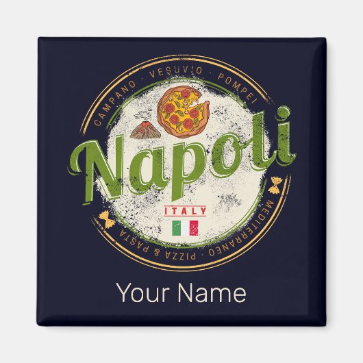 Napels Italië Retro Vesuvius en Pizza Vintage Magneet (Voorkant)