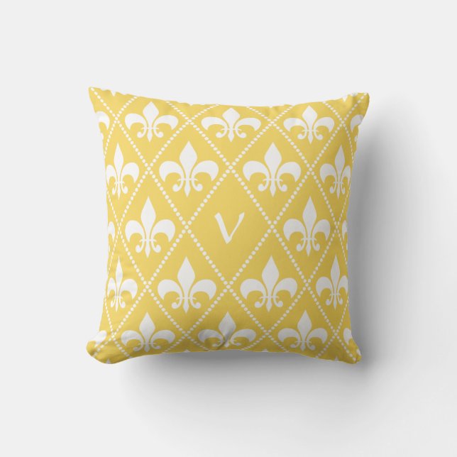 Napels Yellow Fleur de Lis met monogram initiaal Kussen (Voorkant)