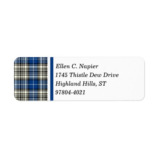 Napier Clan Blauw, Zwart-wit Schotse Tartan Etiket (Voorkant)