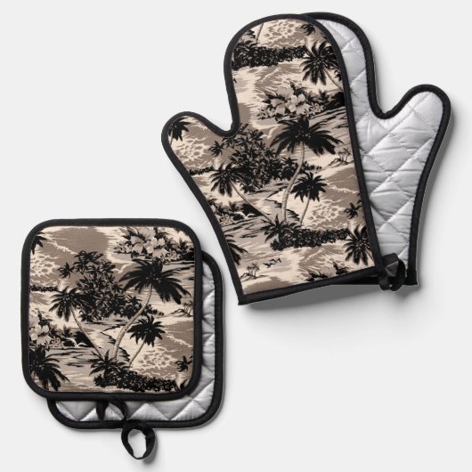 Napili Bay Hawaiian Island Schilderachtig Taupe Ovenwant & Pannenlap Set (Voorkant / Achterkant)