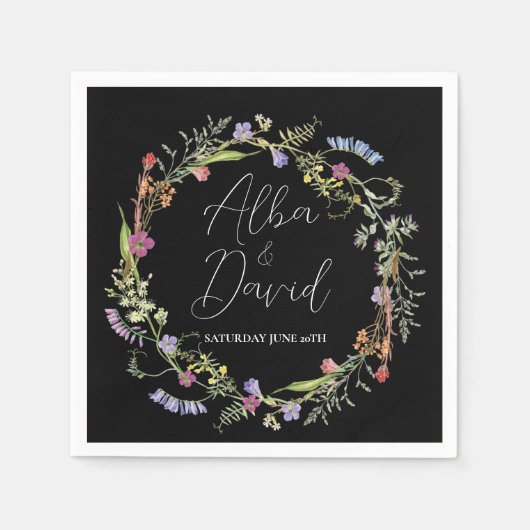Napkins Trouwnamen Wildflower Bloemen Donker Servet (Voorkant)