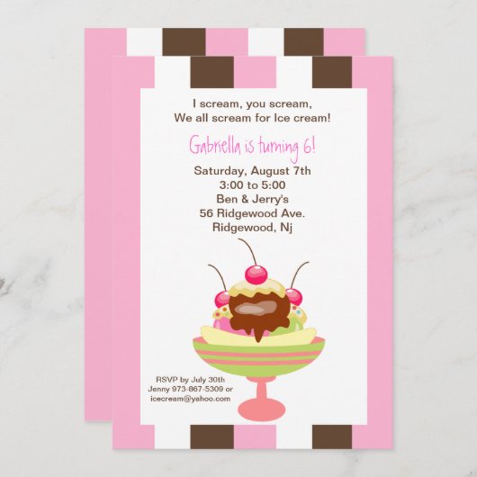 Napolitano Ice Cream Sundae Birthday Uitnodiging (Voorkant / Achterkant)