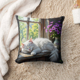 Napping White Cat and Purple Flowers Kussen