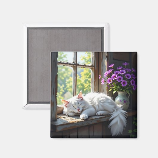 Napping White Cat and Purple Flowers  Magneet (Voorkant / Achterkant)