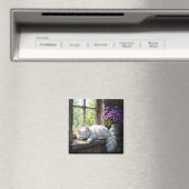Napping White Cat and Purple Flowers Magneet (Insitu (Vaatwasser))