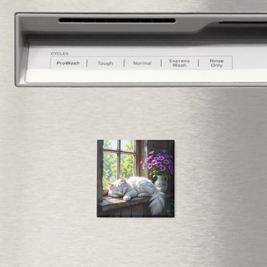 Napping White Cat and Purple Flowers  Magneet (Insitu (Vaatwasser))