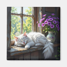 Napping White Cat and Purple Flowers 