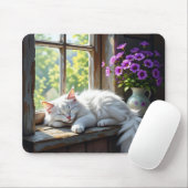 Napping White Cat and Purple Flowers  Muismat (Met muis)