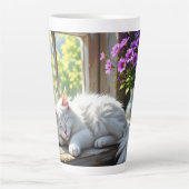 Napping White Cat and Purple Flowers Personalized Latte Mok (Voorkant)