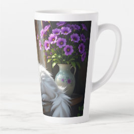 Napping White Cat and Purple Flowers Personalized Latte Mok