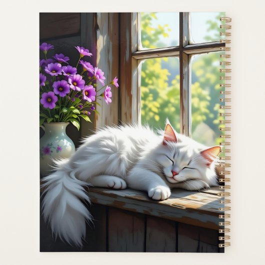 Napping White Cat and Purple Flowers Personalized Planner (Achterkant)