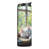 Napping White Cat and Purple Flowers Personalized Thermosbeker (Gedraaid links)