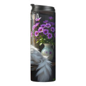 Napping White Cat and Purple Flowers Personalized Thermosbeker (Geroteerd rechts)