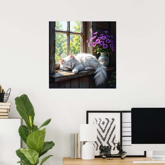 Napping White Cat and Purple Flowers  Poster (Thuiskantoor)