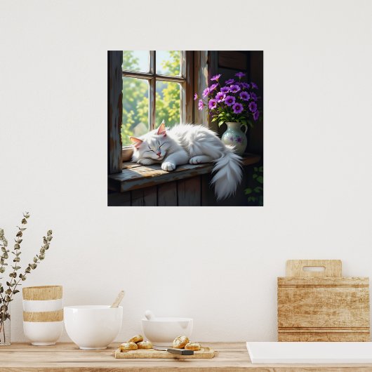 Napping White Cat and Purple Flowers Poster (Keuken)