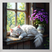 Napping White Cat and Purple Flowers Poster (Voorkant)