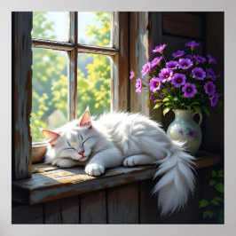 Napping White Cat and Purple Flowers Poster