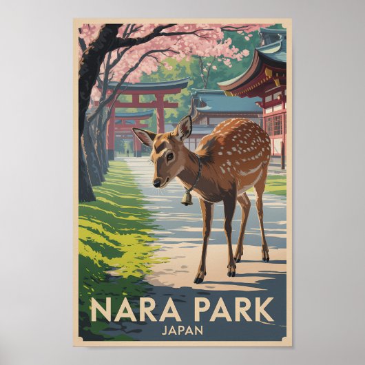 Nara Park Japan Deer Illustration Travel Art Retro Poster (Voorkant)