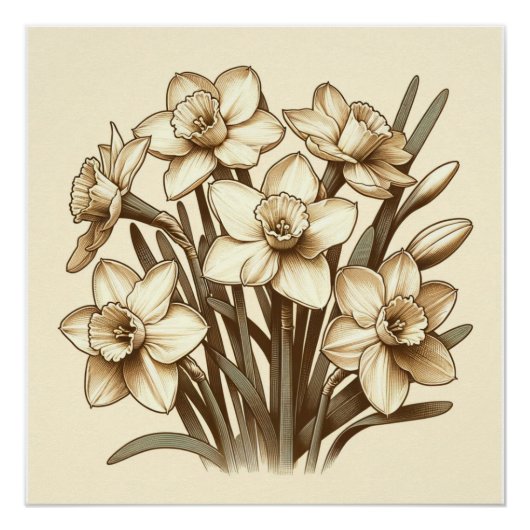 narcis boeket, botanische lijnkunst perfect poster (Voorkant)