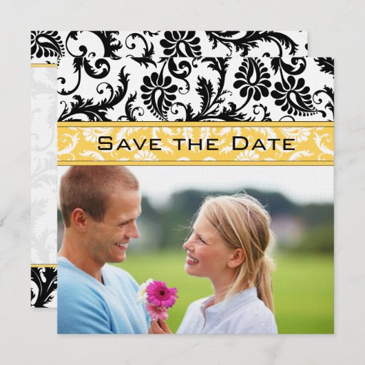 Narcis Geel & Zwart Damask Save the Date Kaart (Voorkant / Achterkant)