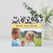 Narcis Geel & Zwart Damast Save the Date Kaart (Staand voorkant)