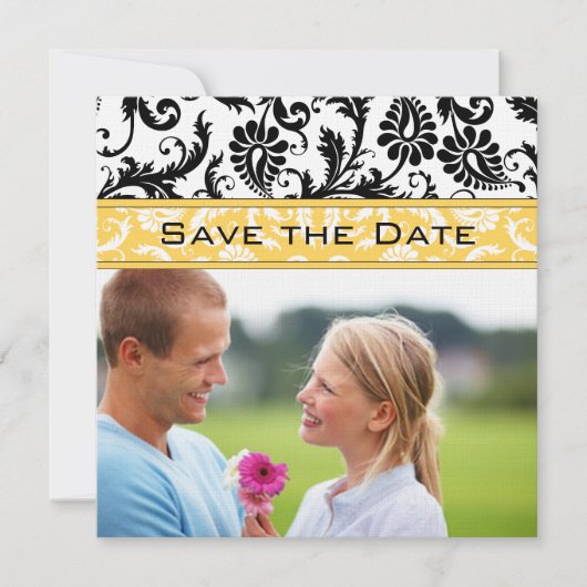 Narcis Geel & Zwart Damast Save the Date Kaart (Voorkant)