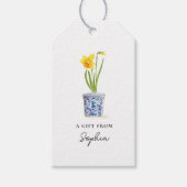 Narcis in blauwe en witte pot cadeaulabel (Voorkant)