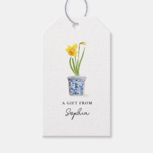 Narcis in blauwe en witte pot cadeaulabel