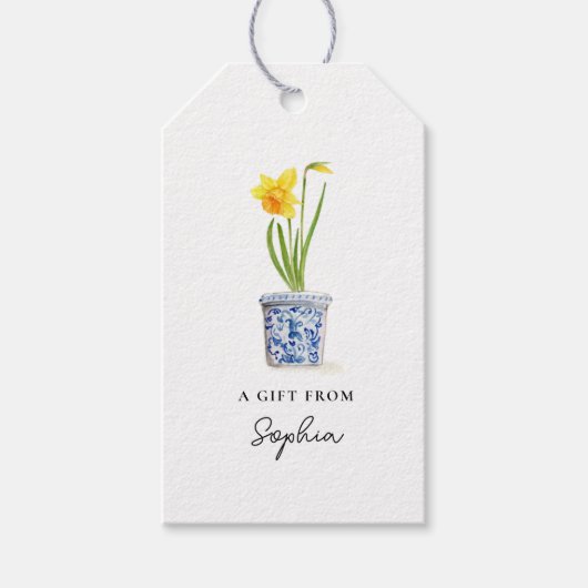 Narcis in blauwe en witte pot  cadeaulabel (Voorkant)