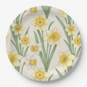 Narcis Lente Bloemmotief in Zachte Geel en Groen 4 Papieren Bordje