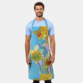 Narcis Waterverf Bloem Blauwe bloemige Schort (Gedragen)