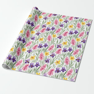 Narcisgeel, Iris Paars, Hyacint Roze Bloemmotief Cadeaupapier