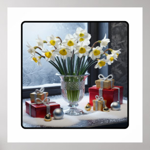 Narcissen en geschenken op een sneeuwrijke venster poster