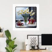 Narcissen en geschenken op een sneeuwrijke venster poster (Thuiskantoor)