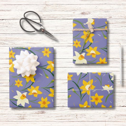 Narcissen op blauw Paarse Inpakpapier Vel