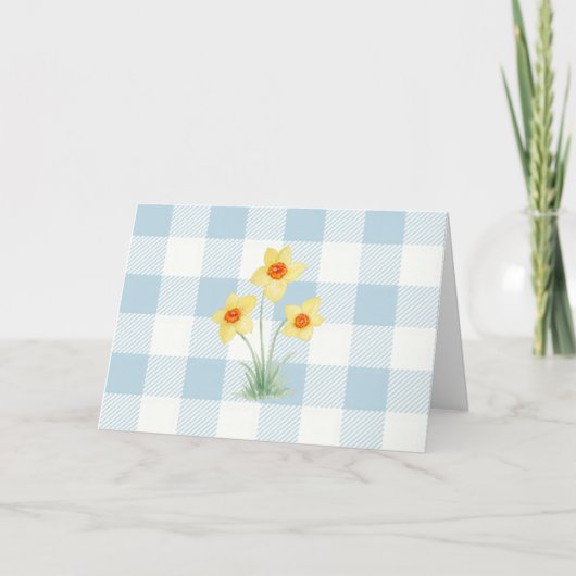 Narcissen Schildering Blauwe Gingham Patroon Kaart (Voorkant)